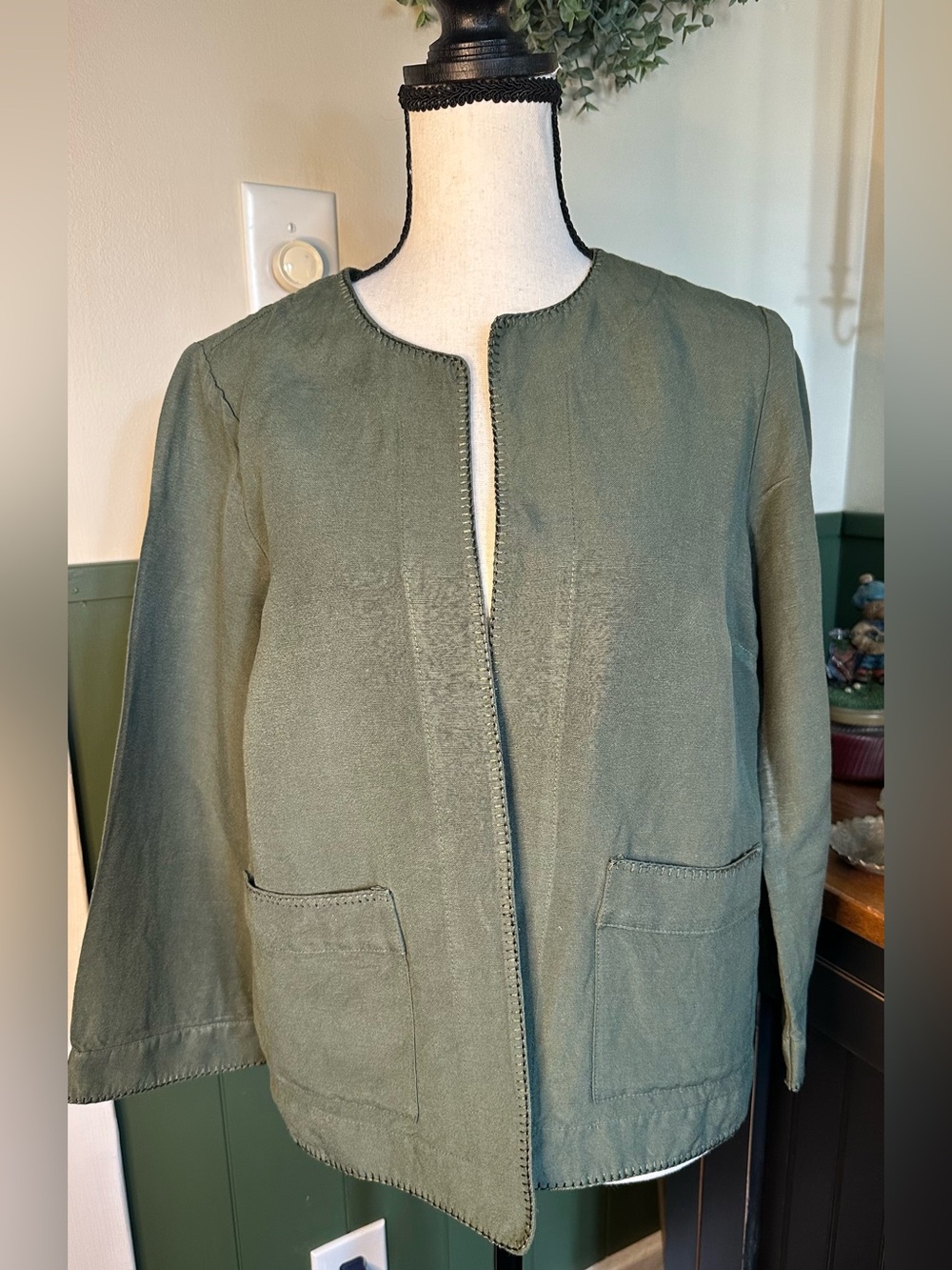 J Jill Olive Green Linen Blend Jacket Sz XS Open Front Minimalist Quiet Luxury